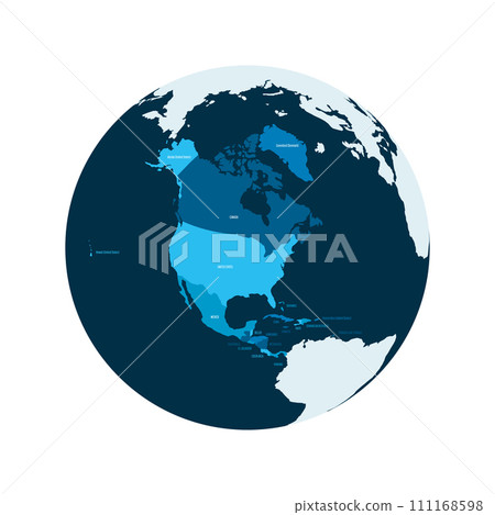 Political map of North America. Blue colored land with country name labels on white background. Ortographic projection. Vector illustration 111168598