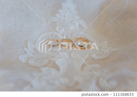 gold wedding rings on a wedding dress close-up 111168633