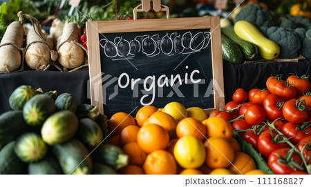 Organic food market with fruits and vegetables 111168827