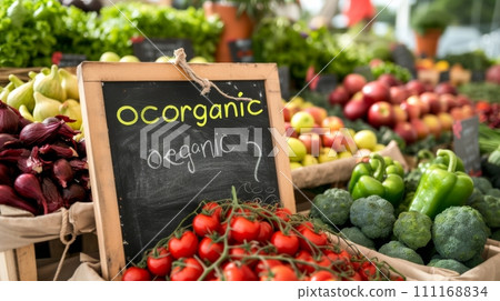 Organic food market with fruits and vegetables 111168834