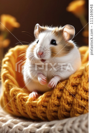 Close up hamster resting on sofa under knitted blanket. 111169048