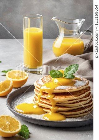 Crepes, thin pancakes with lemon curd and fresh mints on gray background. 111169054