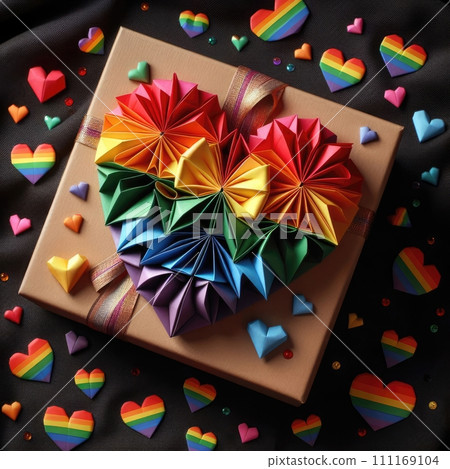 Gift box of LGBTQ love with large rainbow heart on a black fabric background. Digital illustration, generative ai 111169104