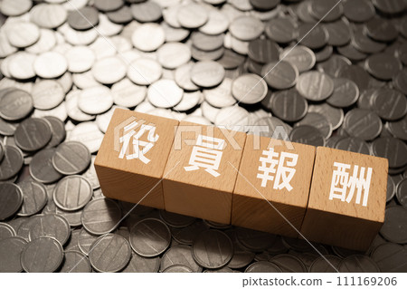 Blocks and coins with executive compensation written on them 111169206