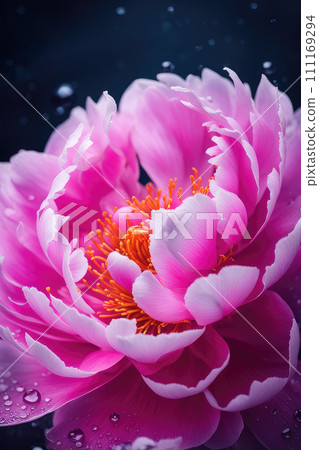 Spring flowers of pink peony or peony rose macro with drops of water on the petals. 111169294