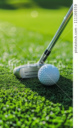 a golf ball and putter on a green grassy surface 111169359