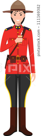 Standing Canadian Policewoman Officer with Cup of Coffee in Traditional Uniform Character Icon in Flat Style. Vector Illustration. 111169382