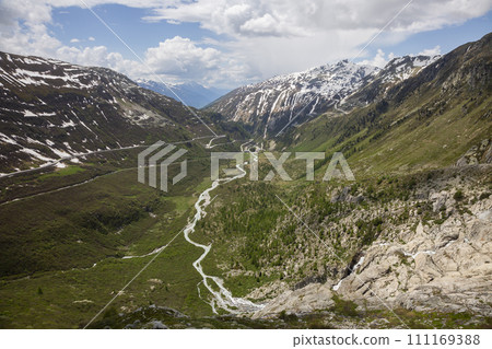 View from road to Grimsel Pass in Switzerland View from road to Grimsel Pass in Switzerland 111169388