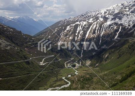 View from road to Grimsel Pass in Switzerland View from road to Grimsel Pass in Switzerland 111169389