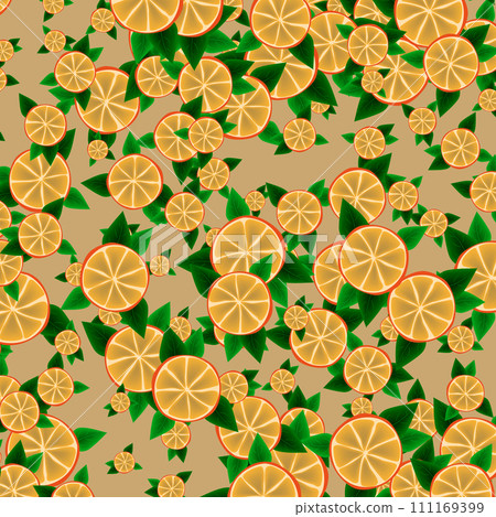 Orange slices with green leaves abstract background, bright design for postcard, poster Orange slices with green leaves abstract background, bright design for postcard, poster 111169399