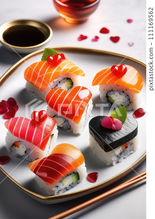 Romantic menu asian food Valentines Day Heart-Shaped Sushi on light background. 111169562