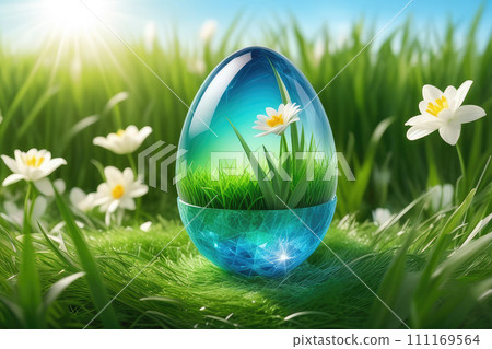 Transparent easter egg made of crystal glass in light blue in the grass. 111169564