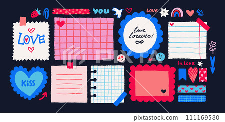 Paper valentine memo notes on stickers. Vector vintage sticky notes and pages with torn edges Paper valentine memo notes on stickers. Vector vintage sticky notes and pages with torn edges 111169580