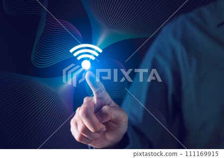 Businessman hand pointing WiFi symbol with digital information waves. Digital connectivity and information technology concept. Businessman hand pointing WiFi symbol with digital information waves. Digital connectivity and information technology concept. 111169915