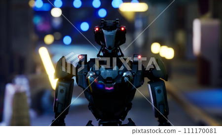 robot walking along a street in a big city. humanoid AI robot crossing street. 3d render. future automation job. robot walking along a street in a big city. humanoid AI robot crossing street. 3d render. future automation job. 111170081