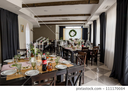 wedding table with decor in a restaurant 111170084