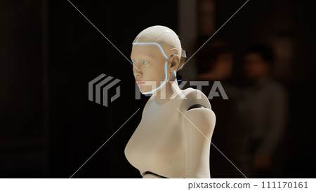 female robot walking along a street in a big city. humanoid AI robot crossing street. 3d render. future automation job. 111170161