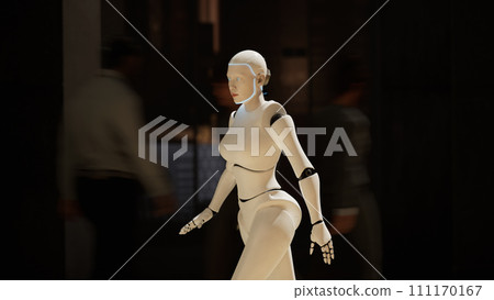 female robot walking along a street in a big city. humanoid AI robot crossing street. 3d render. future automation job. 111170167