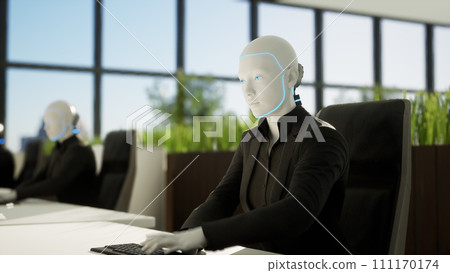 3d render of humanoid robots working in modern office, future concept 3d render of humanoid robots working in modern office, future concept 111170174