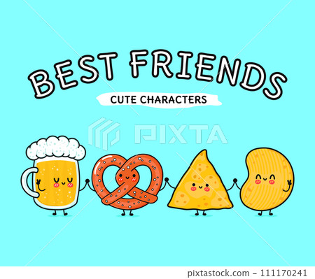 Cute, funny happy glass of beer, nachos, chips, pretzel. Vector hand drawn cartoon kawaii characters, illustration icon. Funny cartoon glass of beer, nachos pretzel chips mascot friends concept 111170241