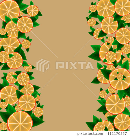 Orange vector slices with green leaves abstract background, bright design for postcard, poster Orange vector slices with green leaves abstract background, bright design for postcard, poster 111170257