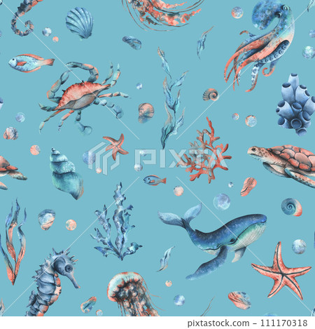 Underwater world clipart with sea animals whale, turtle, octopus, seahorse, starfish, shells, coral and algae. Hand drawn watercolor illustration. Seamless pattern on a blue background. Underwater world clipart with sea animals whale, turtle, octopus, seahorse, starfish, shells, coral and algae. Hand drawn watercolor illustration. Seamless pattern on a blue background. 111170318
