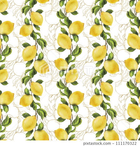 Lemons are yellow, juicy, ripe with green leaves, flower buds on the branches, whole and slices. Watercolor, hand drawn botanical illustration. Seamless pattern on a white background. 111170322