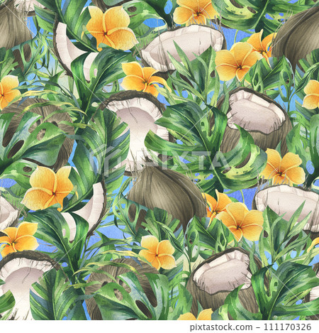 Coconuts whole, halves and pieces with bright, green, tropical palm leaves and yellow plumeria flowers. Hand drawn watercolor illustration. Seamless pattern on a blue sky background 111170326