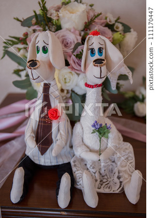 plush toys bride and groom with rings 111170447