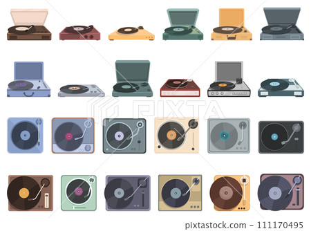 Vinyl player icons set cartoon vector. Turntable music. Record old Vinyl player icons set cartoon vector. Turntable music. Record old 111170495