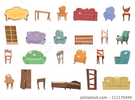 Broken furniture icons set cartoon vector. Interior room. Sofa old Broken furniture icons set cartoon vector. Interior room. Sofa old 111170499