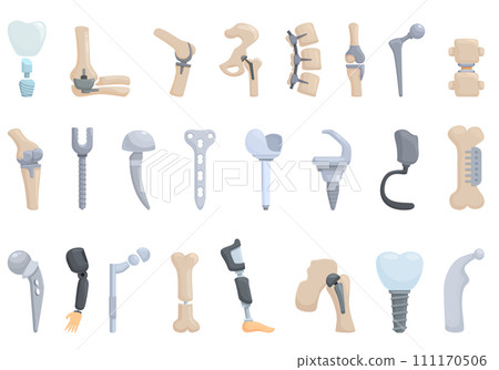 Orthopedic implants icons set cartoon vector. Hip replacement. Surgery point Orthopedic implants icons set cartoon vector. Hip replacement. Surgery point 111170506