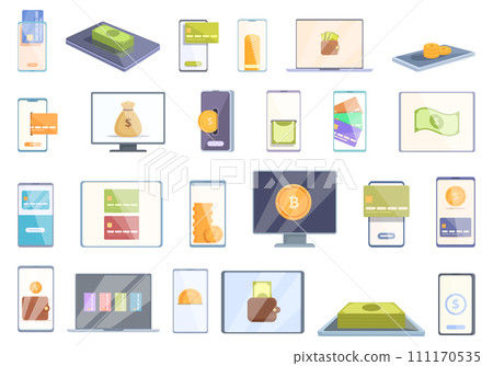 Virtual money icons set cartoon vector. Card seller. Business money Virtual money icons set cartoon vector. Card seller. Business money 111170535