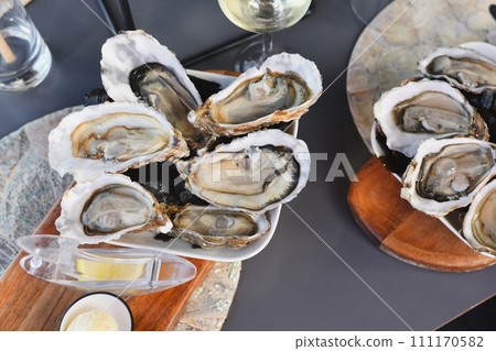 Fresh oysters with lemon on a plate Fresh oysters with lemon on a plate 111170582