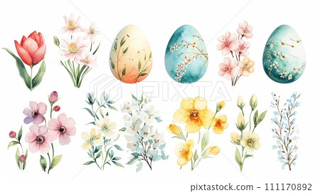 AI-generated content. Hand drawn watercolor spring elements set with decorated Easter eggs, blossoming flowers and plants. Springtime wild meadow floral clip art in pastel colors isolated on white 111170892