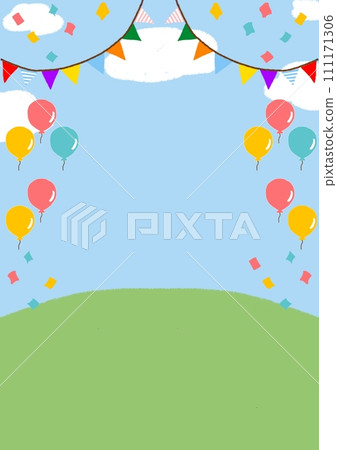 Frame of blue sky, balloons, confetti and lawn 111171306