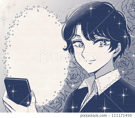 70's girl cartoon style beautiful boy with smartphone speech bubble banner 111171450