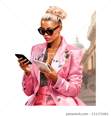 a woman in a pink jacket and sunglasses talking on a cell phone, digital illustration 111171461