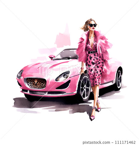 fashion girl in leopard print dress and sunglasses standing next to pink car, art station trends 111171462