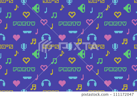 Abstract pixel 90s style seamless pattern of bright multicolored old-fashioned icons from nineties on blue background 111172047