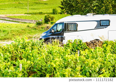 Camper visit vineyard region, Burgundy in France. 111172182