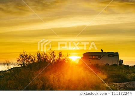 Caravan on sea at sunrise. Caravan on sea at sunrise. 111172244