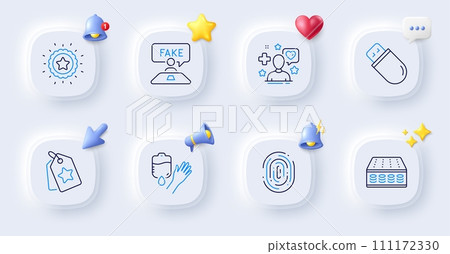 Fake review, Blood and Loyalty tags line icons. Buttons with 3d bell, chat speech, cursor. Pack of Patient, Mattress, Usb stick icon. Winner star, Fingerprint pictogram. For web app, printing. Vector 111172330