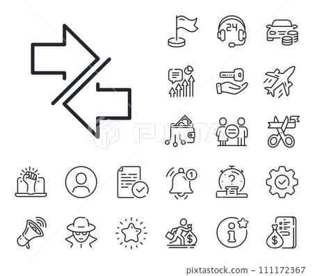 Communication Arrowheads symbol. Salaryman, gender equality and alert bell outline icons. Synchronize arrows line icon. Navigation pointer sign. Synchronize line sign. Vector Communication Arrowheads symbol. Salaryman, gender equality and alert bell outline icons. Synchronize arrows line icon. Navigation pointer sign. Synchronize line sign. Vector 111172367