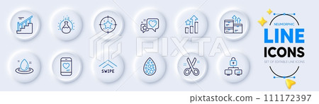 Lock, Love chat and Swipe up line icons for web app. Pack of Artificial colors, Cut, Wholesale goods pictogram icons. Fuel energy, Heart, Stairs signs. Chemistry experiment. Neumorphic buttons. Vector 111172397