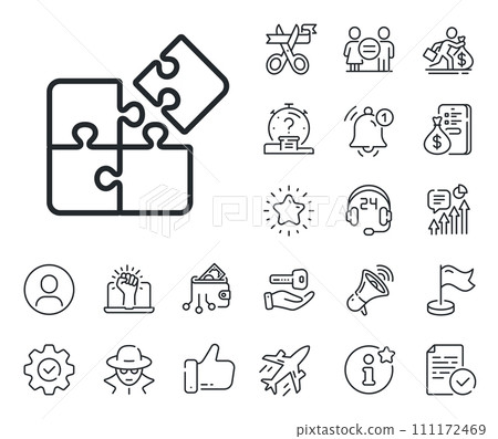 Engineering strategy sign. Salaryman, gender equality and alert bell outline icons. Puzzle line icon. Puzzle line sign. Spy or profile placeholder icon. Online support, strike. Vector 111172469