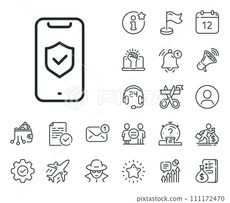 Cyber defence sign. Salaryman, gender equality and alert bell outline icons. Phone protection line icon. Security shield symbol. Phone protection line sign. Spy or profile placeholder icon. Vector 111172470