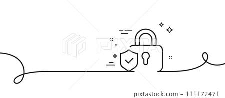 Security lock line icon. Continuous one line with curl. Cyber defence shield sign. Private protection symbol. Security lock single outline ribbon. Loop curve pattern. Vector 111172471