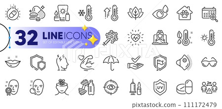 Outline set of Eye drops, Social distance and Face verified line icons for web with Thermometer, Organic tested, Medical vaccination thin icon. Medical mask, Eye target. Vector Outline set of Eye drops, Social distance and Face verified line icons for web with Thermometer, Organic tested, Medical vaccination thin icon. Medical mask, Eye target. Vector 111172479