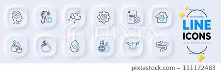 Medical mask, Medical certificate and Pet shelter line icons for web app. Pack of Brain working, Dermatologically tested, Digestion pictogram icons. Medicine, Pets care, Orange juice signs. Vector 111172483